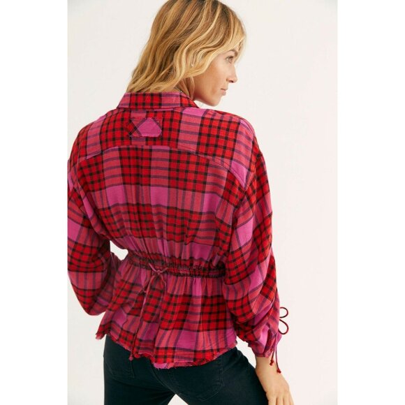 Free People Pacific Dawn Shirt Pink Red Plaid Button Down Wool NWT - Picture 2 of 12
